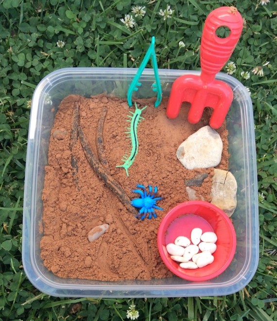 Garden bug dirt sensory bin. small world. preschool busy