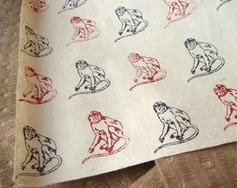 Red & Black Monkey Pattern Woodblock Printed Lokta Paper Sheet 20x30 inches