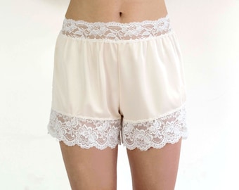Butterscotch Bloomers, Lace Sleep Shorts, Vintage Inspired, Silk Bloomers, Blush Lingerie Bottoms, USA Made Lingerie, Lace PJ Shorts, Chic