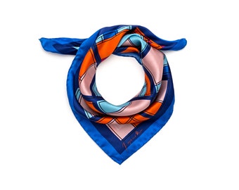 Silk bandana, silk Neckerchief, foulard, Blue Orange Pink, graphic designer scarf, colourful bandana, square silk, geometric, urban