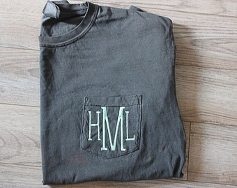 Comfort Colors Long Sleeve Monogram Shirt w/ Pocket/Personalized Shirt/Embroidered Shirt/Initials/Long Sleeve