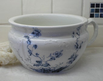 Chamber pot blue and white china W H Grindley Duchess 1891 - flow blue embossed ironstone earthenware No 184834 Victorian planter plant pot