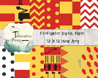 Firefighter Digital Paper Pack - Firefighter Backgrounds - Emergency Services Digital Paper - Red and Yellow Digital Paper - Fire truck -