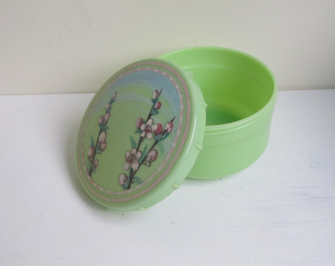 Vintage jewellery box, green plastic powder jar, handpainted pink cherry blossoms on lime green, Li-Lo product, made in Britain