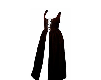 Fd10-Lge Dark Brown Medieval Renaissance Clothing faire halloween costume skirt bodice pirate peasant wench highlander irish Over-Dress