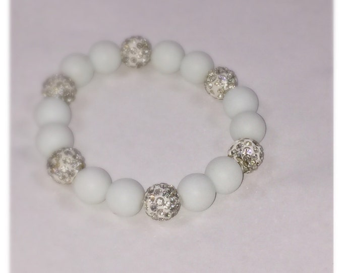 White Natural Coral Bracelet with pave crystals around a bead. Perfect Wedding Day Bridal Jewelry, stackable bracelet.