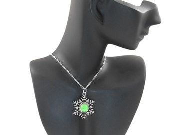 Glow in the Dark Jewelry - Pre Teen Gift - Glowing Pendant - Snowflake Necklace - Glowing Green Necklace - Zirconias - Sterling Silver