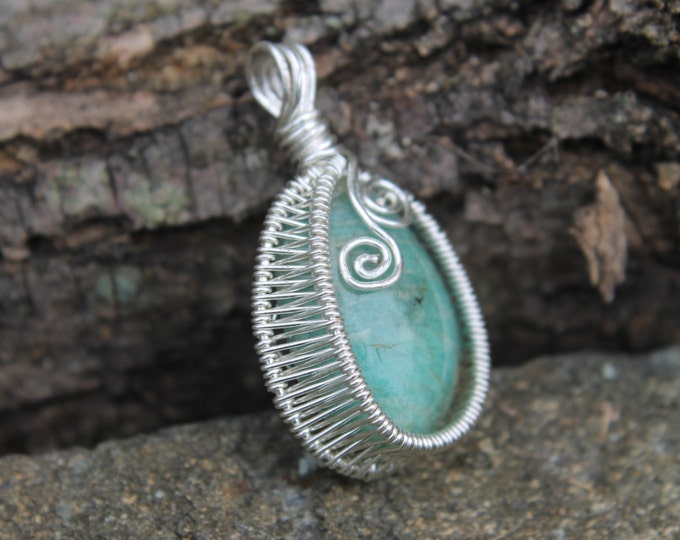 Amazonite Wire Wrap Pendant; Hand Cut Natural Blue Green Teal Stone, Silver Spiral Design, Wire Weave Jewelry, BoHo Hippie Necklace