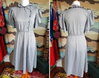 Vintage Black and White Striped Secretary Dress M L