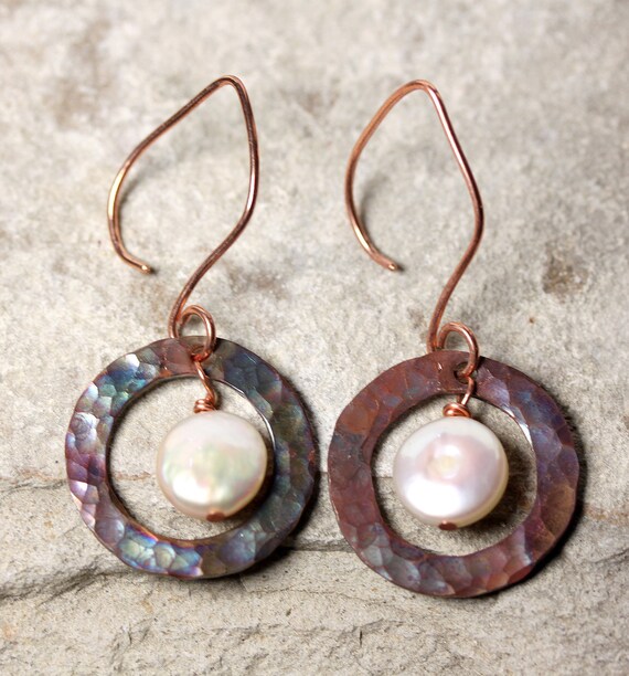 Iridized Copper and Pearl Earrings