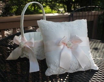 Ivory/White Flower Girl Basket/Pillow-With Delicate Embroidered Lace Blush Pink Satin Ribbon Pearl Rhinestone Bling-Custom Colors-Age 4-7