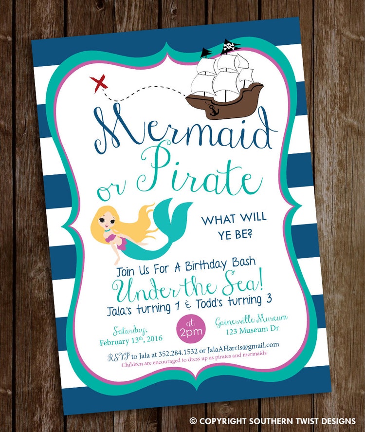 Mermaid & Pirate Birthday Invitation Mermaid by SouthernTwist1