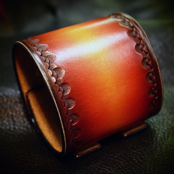 Leather cuff Bracelet Red watchband Vintage Johnny Depp style wristband Handmade for YOU in NYC by Freddie Matara
