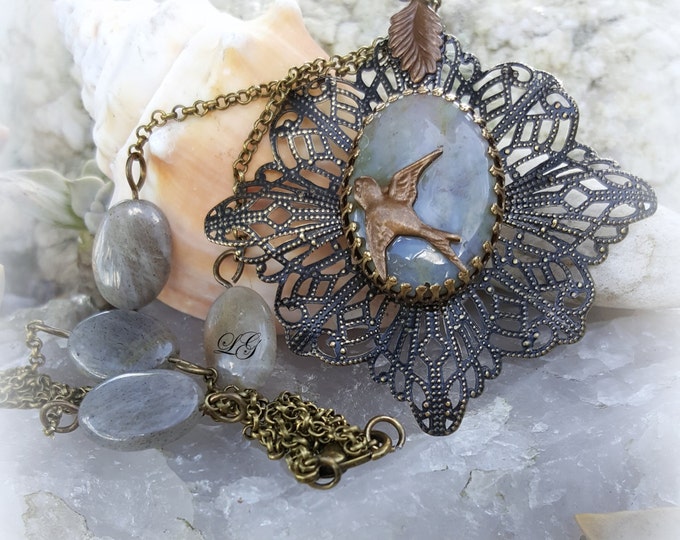 Bird Jewelry, Agate Jewelry, Labradorite Jewelry, Vintaj Jewelry, Gift for Her, Ladies Gift