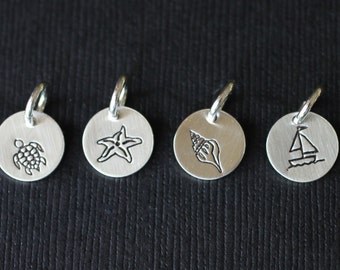Sterling Silver Beach Charms; Hand Stamped Ocean Charms