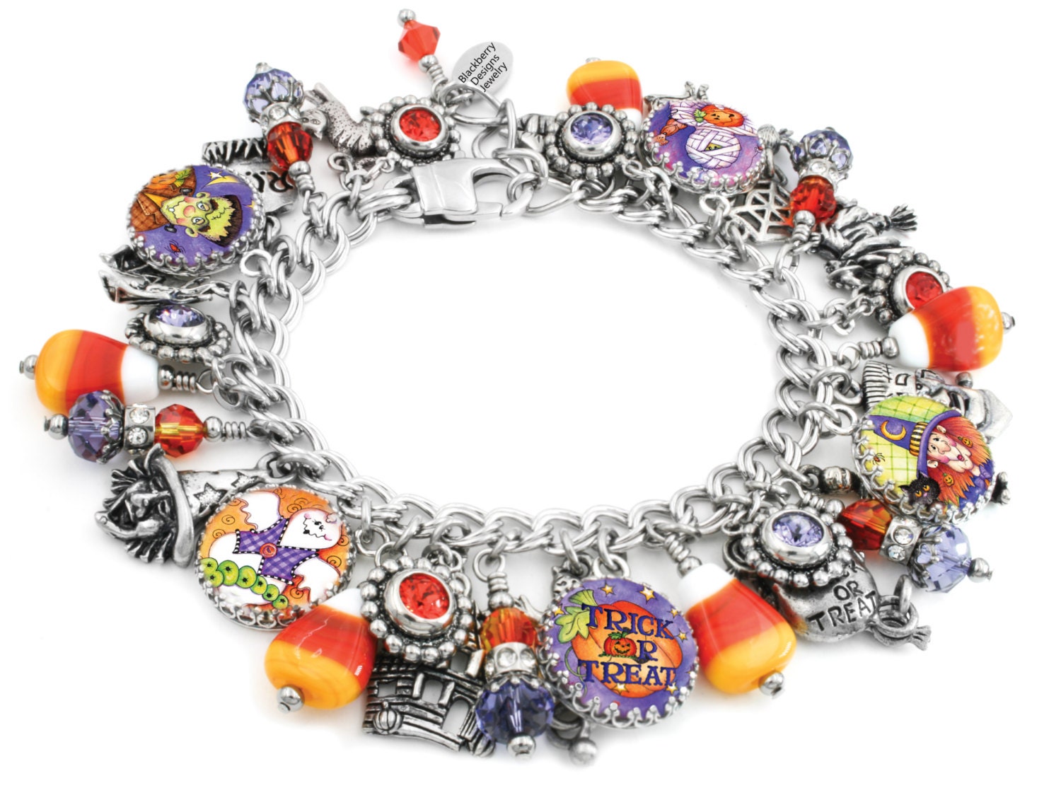 halloween charm bracelet, trick or treat, orange and black, corn candy, ghosts charms,