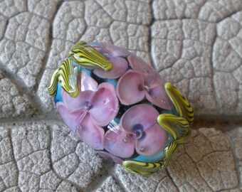 SALE 20 Percent Off Encased Floral Focal Lampwork Beads by Cherie Sra R114 Encased Floral Flameworked Bead Pink Flower Lampwork Raised Leaf