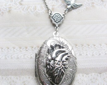 Silver Locket Necklace - The ORIGINAL Corazon Anatomical HEART LOCKET - Jewelry by BirdzNbeez - Wedding Birthday Bridesmaids Gift