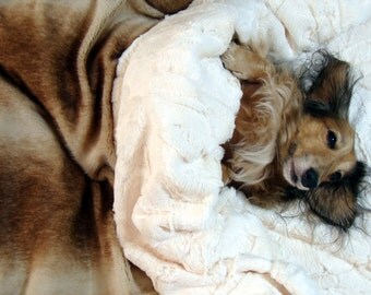 Dog Bed - Snuggle Sack - Plush Snuggle Sack - 23 x 26 - Golden Brown and Cream Faux Fur - Includes Embroidered Personalization