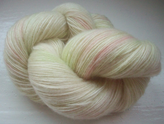 Lace weight yarn, hand painted, fine mohair, palest pink, green, apple blossom, 100g