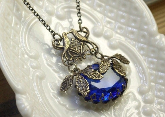 Victorian bird crystal necklace sapphire blue vintage jewel