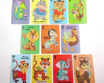 Vintage Animal Rummy Children's Playing Cards Set of 11