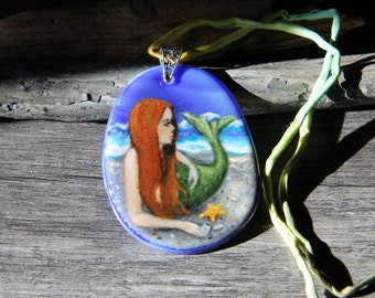 RESERVED for HAZEL Amazing Mermaid on the beach - fused glass pendant - mermaid nekclace