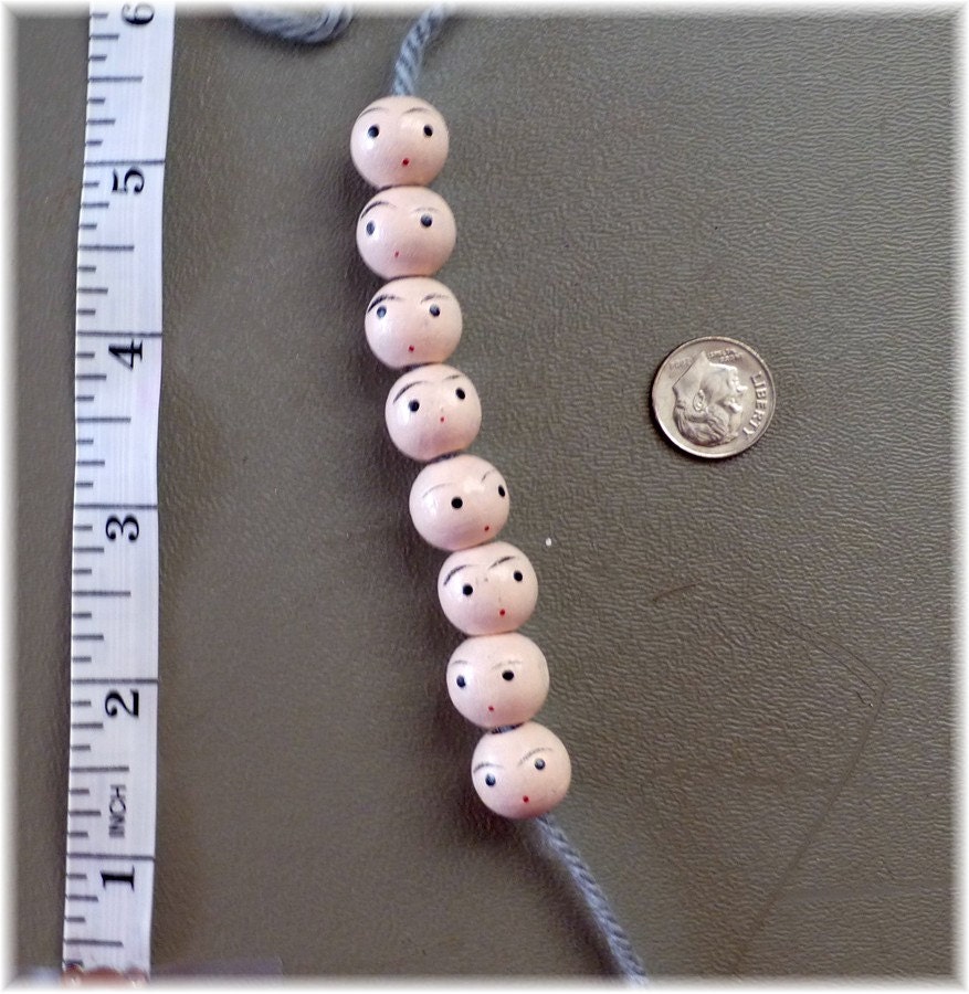 Wooden Doll Head Beads Hand Painted Faces Vintage
