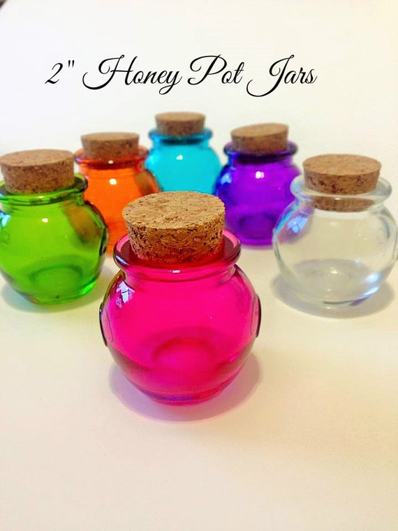 6 Colored Glass Honey Pot Jars 1.2oz. 36ml. by theglassconnection