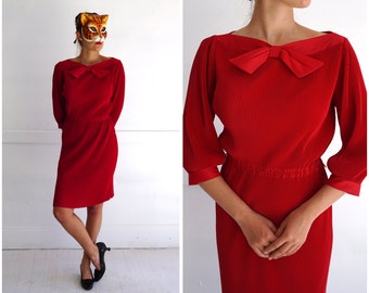 Slinky Vintage Ruby Red Rayon Accordion Fitted Wiggle Dress by Koret of California | Medium