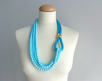 Turquoise gold necklace, multi strand necklace long