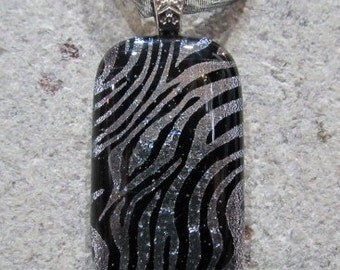 Fused Glass Pendant with ribbon necklace: Timeless Zebra