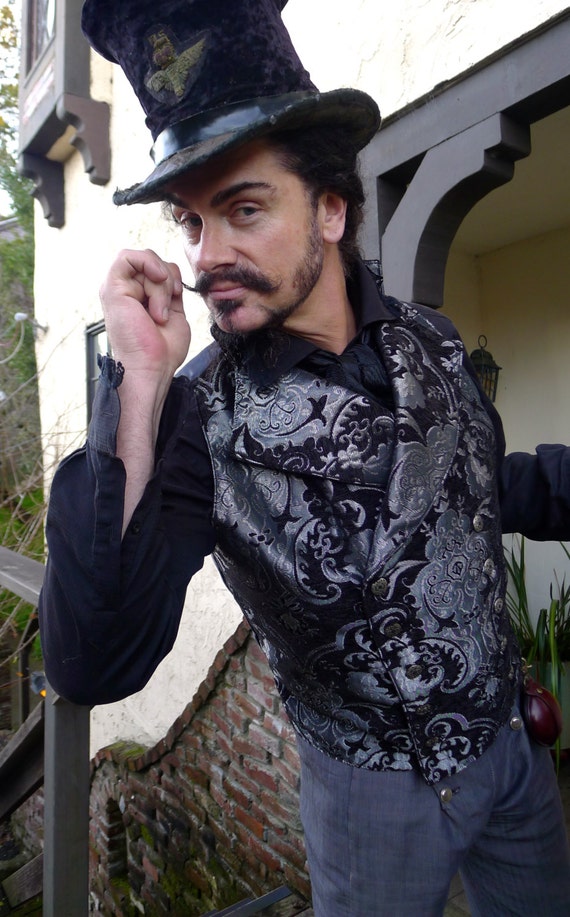 Black and Silver Tapestry Steampunk Victorian Double Breasted Lapeled Gentlemen&#039;s Vest by dashandbag steampunk buy now online