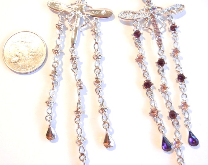 Pair of Long Dragonfly Drop Charm with Amthyst Purple Rhinestones