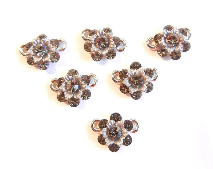 6 Small Gray Rhinestone Flower Double Link Charms Antique Silver-tone