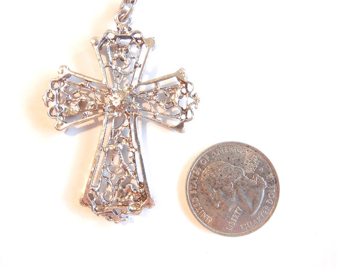 Antique Silver-tone Filigree Cross with Black and Gray Rhinestone Pendant