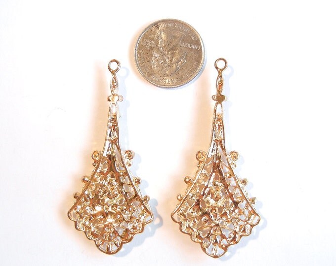 Pair of Gold-tone Filigree Fan Like Drop Charms with Multi Colored Rhinestones