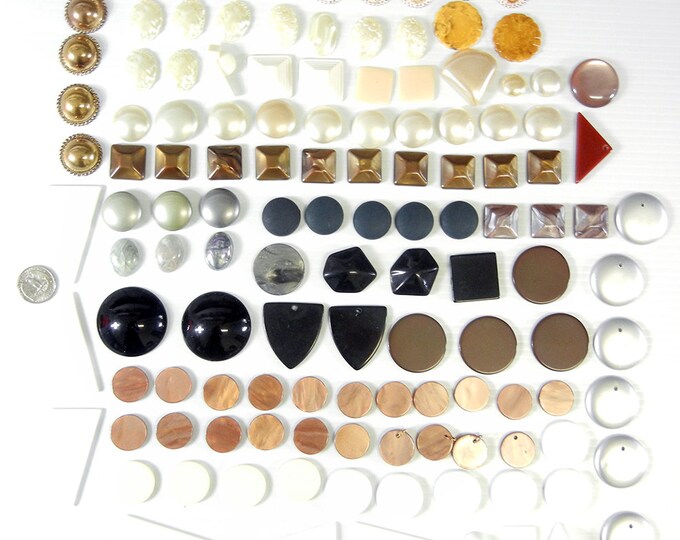 Lot of 127 Vintage Acrylic Cabochons and Flats- Browns, Blacks, Whites, Beige
