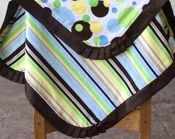 ON CLEARANCE...Green, Brown, Yellow and Blue Ploka Dot and Stripes Minky Blanket - Ready to ship