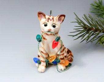 Orange Tabby Cat Christmas Ornament Figurine Lights Porcelain Clay