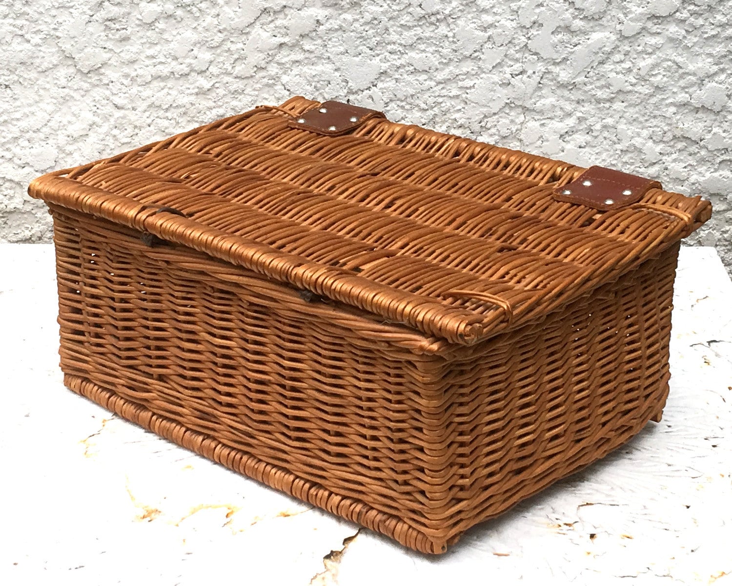 Vintage Wicker Suitcase / Picnic Basket Leather Straps and