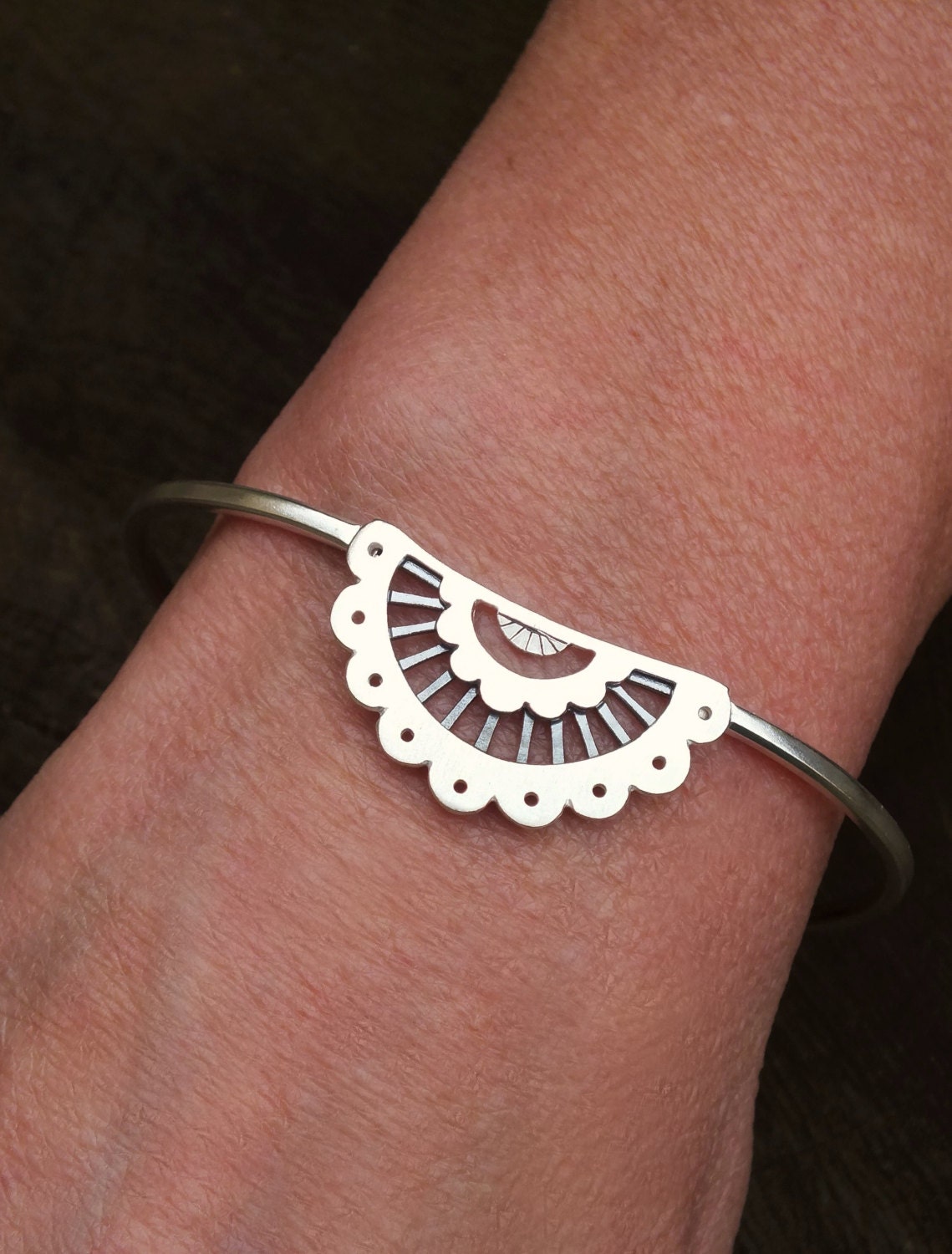 Scalloped lace cuff bracelet sterling silver boho bracelet