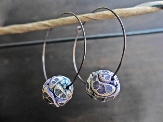 Music of the Spheres. Sterling hoop earrings with polymer clay art beads. Rustic artisan jewelry by fancifuldevices