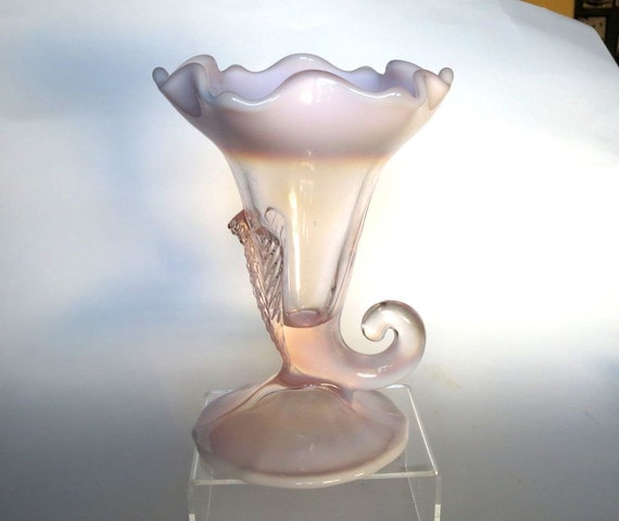 Duncan Miller Pink Opalescent Glass Cornucopia or Horn Vase in