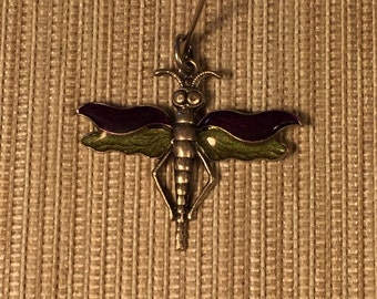 Vintage Nouveau Moss Green and Purple Enamel Dragonfly Pendant Charm