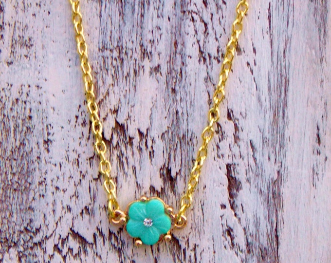 Flower Necklace Dainty Mint Green Petite Gold Necklace Teal Blue Simple Minimalist Bohemian Boho Layering Gold Tone Necklace