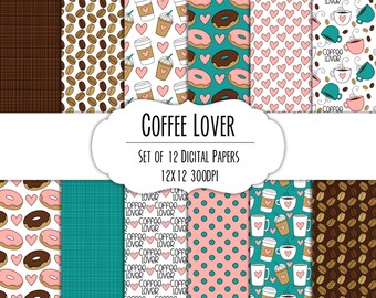 Coffee Lover Hand Drawn Digital Paper - Set of 12 - Coffee Mugs, Latte, Hearts, Donuts - Instant Download - Item #8283