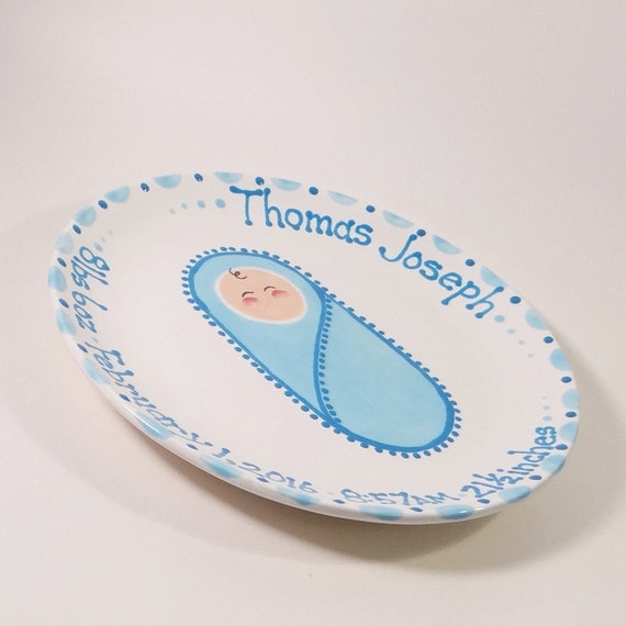 Bundle of Joy Baby Plate Hand Painted Ceramic Birth Plate
