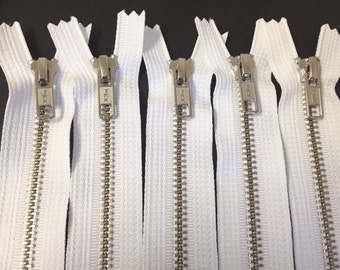 Clearance, 6 inch silver teeth zippers on white tape, FIVE pcs, nickel teeth, white tape YKK color 501