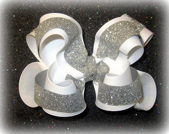 Bling Hair Bow, Glitter Hair Bow, Large TEXAS Size Bow, White Hairbow, Boutique Bow, White Glitter Bow, 5 or 6 inch hairbow, White Bow, tdgl